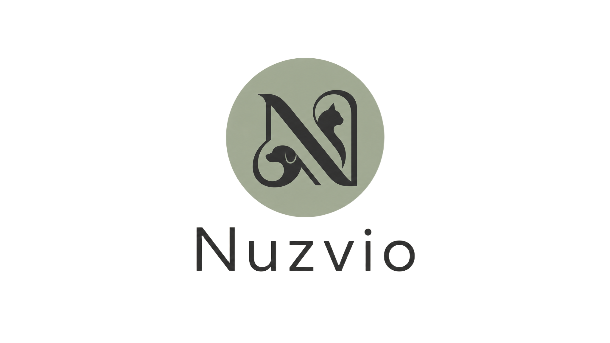 Nuzvio brand logo centered on a white background, featuring a muted sage green oval with a dark gray stylized monogram and the word 'Nuzvio' below in dark gray text.