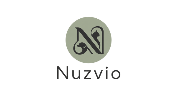 Nuzvio brand logo centered on a white background, featuring a muted sage green oval with a dark gray stylized monogram and the word 'Nuzvio' below in dark gray text.